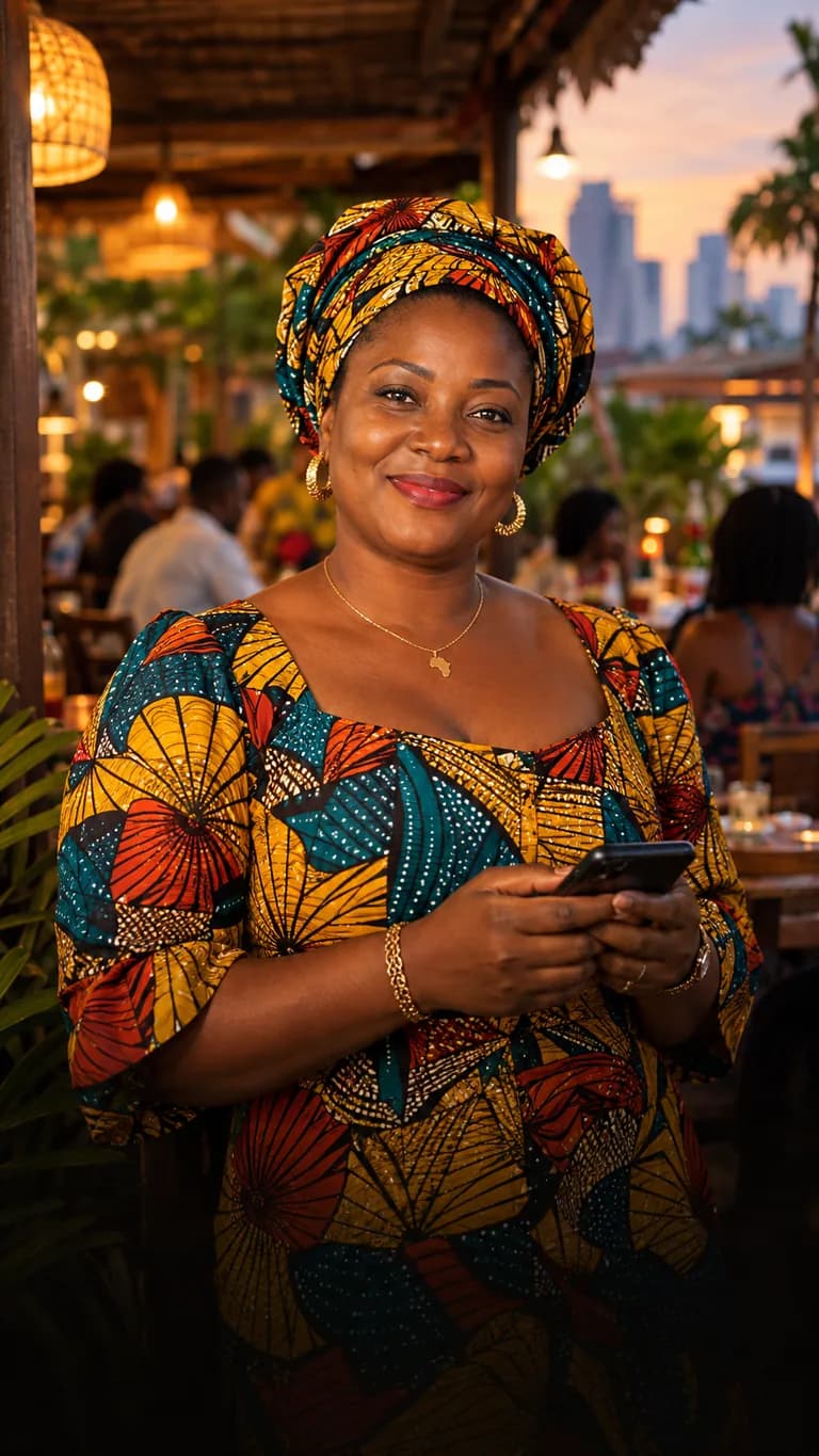 Gérante de restaurant à Abidjan qui reçoit une réservation dans Bienvo, son téléphone à la main.