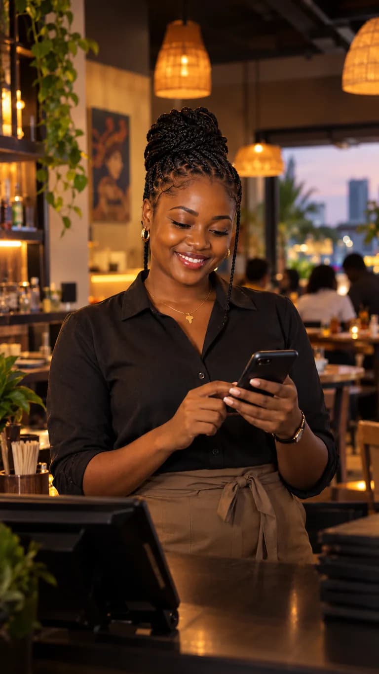 Jeune gérante de restaurant au comptoir qui voit une table se libérer sur son téléphone.