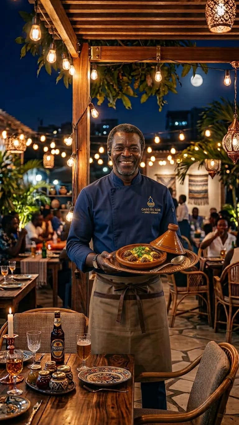 Gérant de maquis sur sa terrasse le soir, un plat à la main ; Bienvo demande un avis Google à ses clients.
